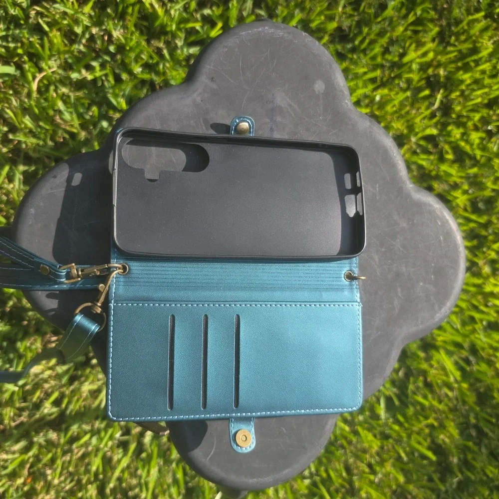 Metallic Teal Wallet Phone Case Crossbody Wristlet with Card Slots and Zipper